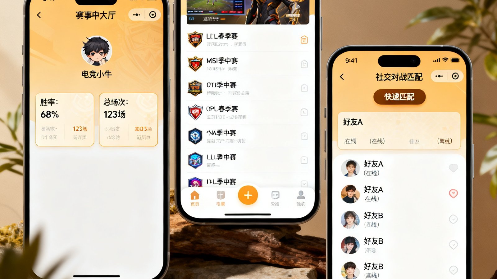 电竞牛APP 3.0版本手机界面截图集合，展示全新设计的赛事大厅、个人数据中心和社交对战匹配页面，整体UI采用暖色调主题
