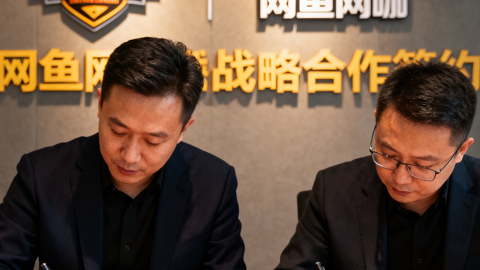 电竞牛与网鱼网咖战略合作签约仪式现场照片，双方代表在合作文件上签字的特写镜头，背景是两家品牌的联合logo展示墙