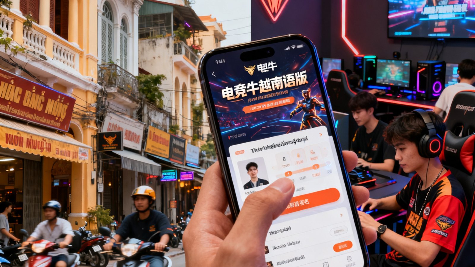 越南胡志明市街景与电竞馆内景的合成画面，电竞牛越南语版界面在手机屏幕上展示，当地年轻玩家正在体验赛事报名功能