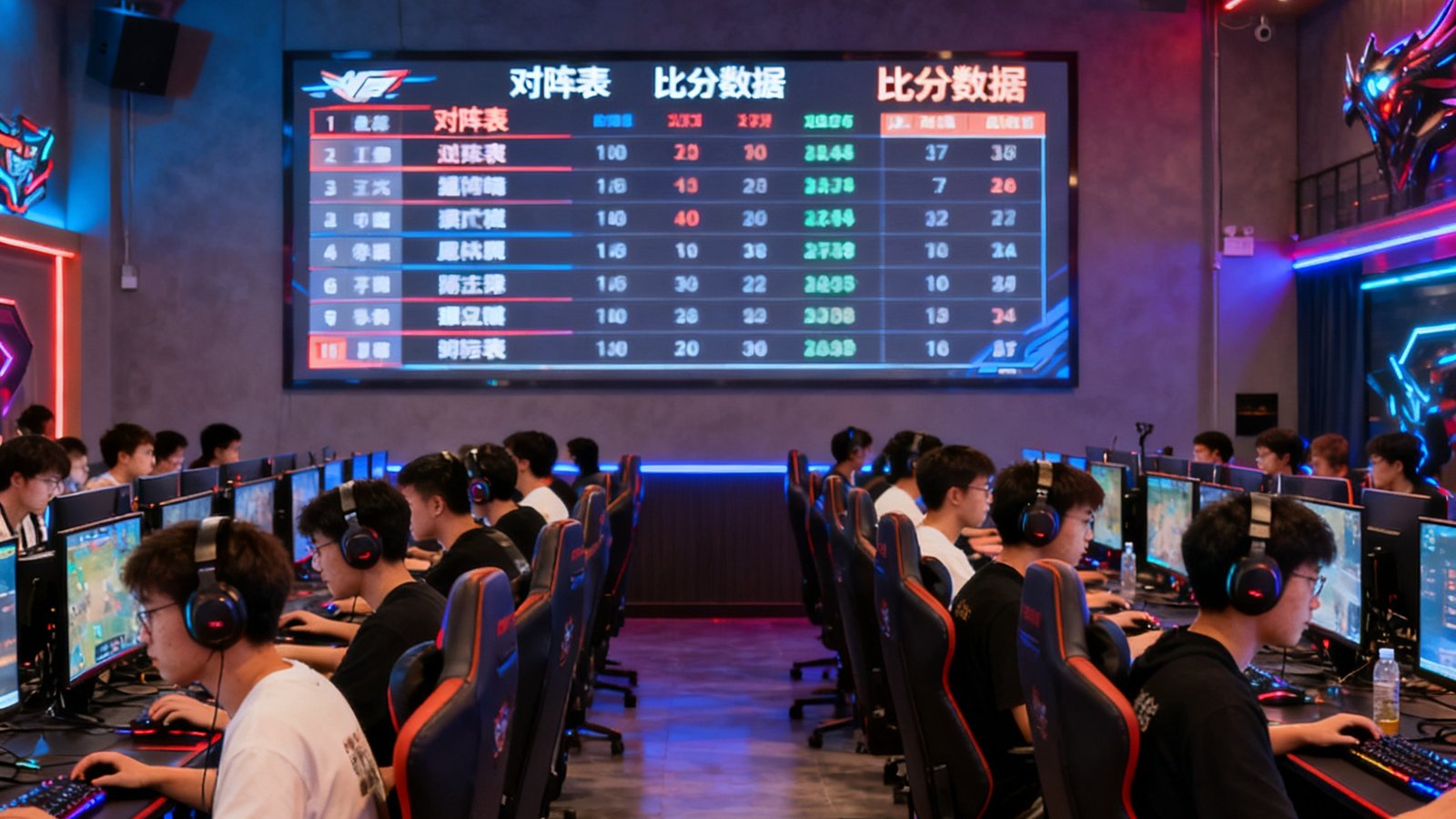 电竞牛全民赛事运营现场画面，数百名业余玩家在合作网咖赛区整齐就坐，墙上大屏幕实时滚动对阵表与比分数据，现场气氛热烈而有序
