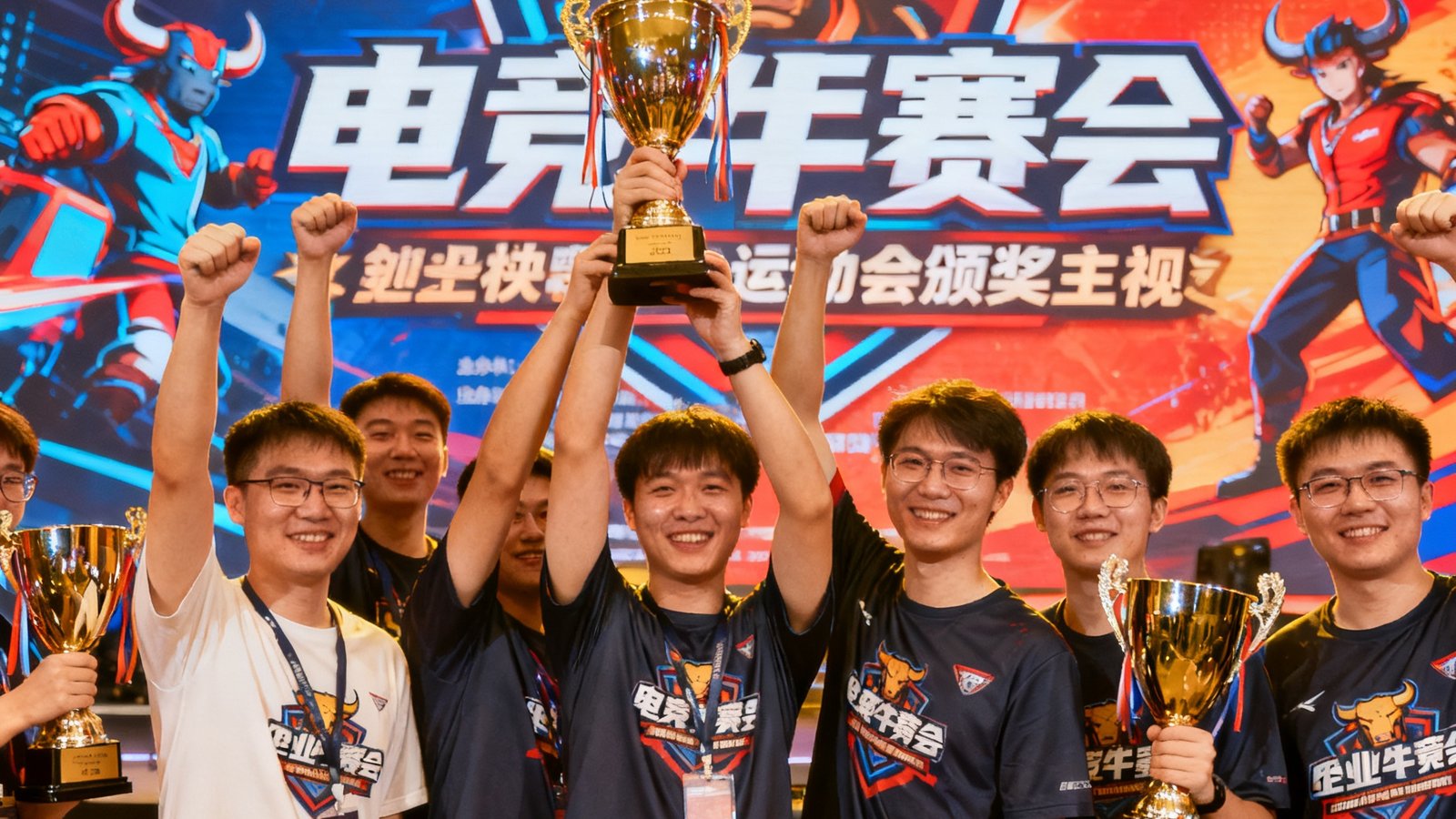 企业电竞运动会颁奖现场，身着公司文化衫的员工们在舞台前举起奖杯合影留念，背景是企业定制的电竞牛赛事主视觉墙