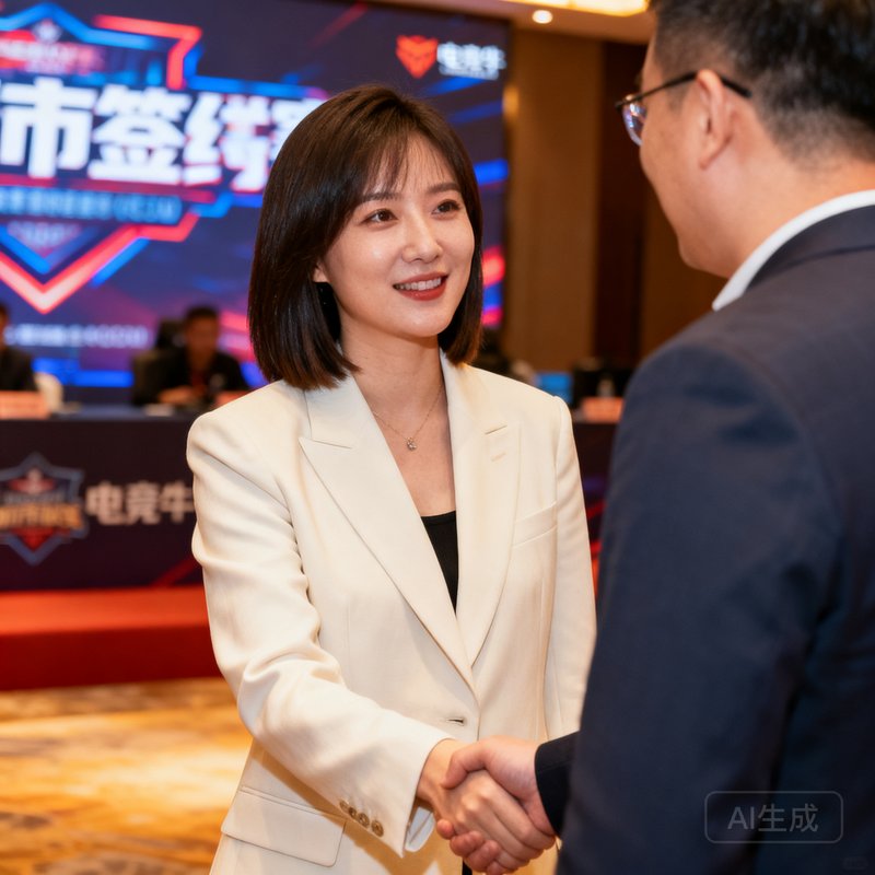 电竞牛COO王萌的职场半身照，齐肩短发、身着米白色西装外套，正在与合作方握手交谈，背景是城市联赛签约仪式的现场