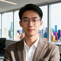 一位戴着眼镜、穿着商务休闲装的年轻男性产品经理头像，背景是办公室落地窗和城市天际线