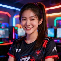 一位扎着马尾、笑容自信的年轻女性头像，穿着电竞主题T恤，背景是网咖赛区五彩斑斓的灯光